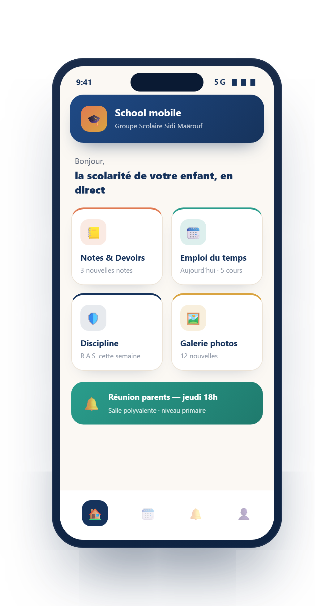 Application mobile du Groupe Scolaire Sidi Maârouf : notes, emploi du temps, discipline, galerie photos
